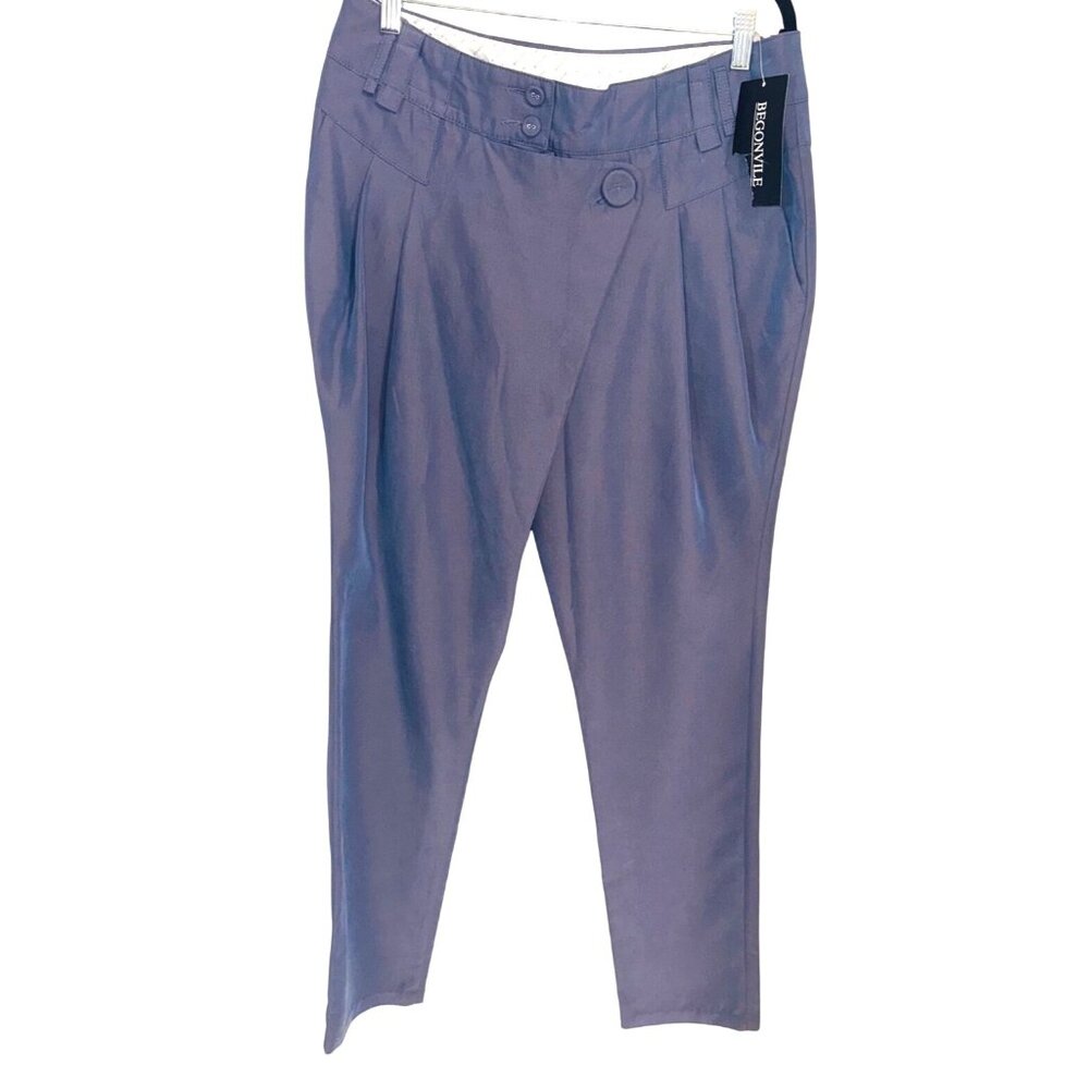 NWT Begonvile Iridescent Womens L Blue Tapered Cropped Fit Pleated Pants Office